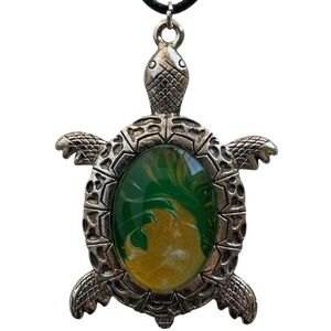 Hand Crafted Green Gold Fluid Art Turtle Pendant Cord Necklace by Svetlana Yeung